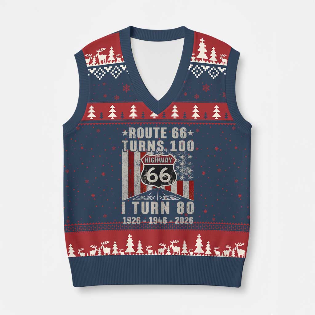 Route Highway 66 Turns 100 I Turn 80 V-Neck Knit Sweater Vest Vintage 1946 Born American Road Sign 80th Birthday Gift TS14 Navy Red Print Your Wear