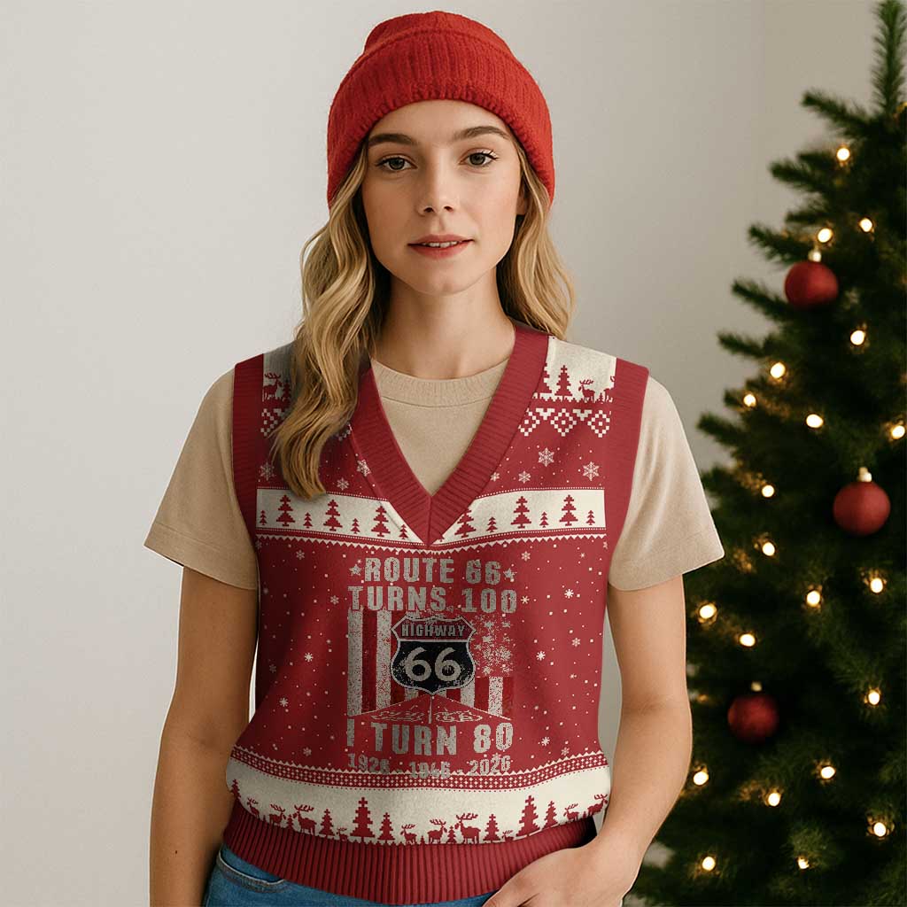 Route Highway 66 Turns 100 I Turn 80 V-Neck Knit Sweater Vest Vintage 1946 Born American Road Sign 80th Birthday Gift