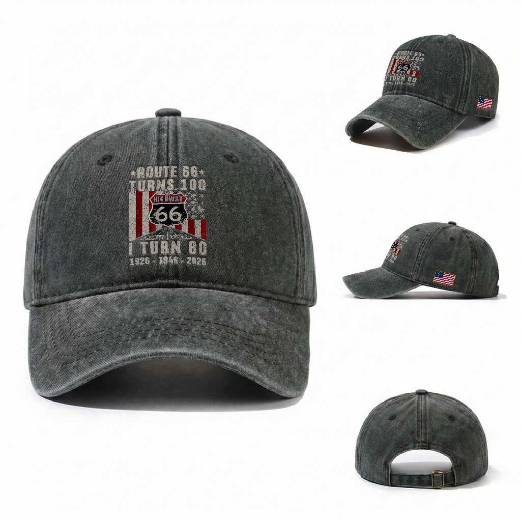 Route Highway 66 Turns 100 I Turn 80 Washed Cotton Baseball Cap Vintage 1946 Born American Road Sign 80th Birthday Gift