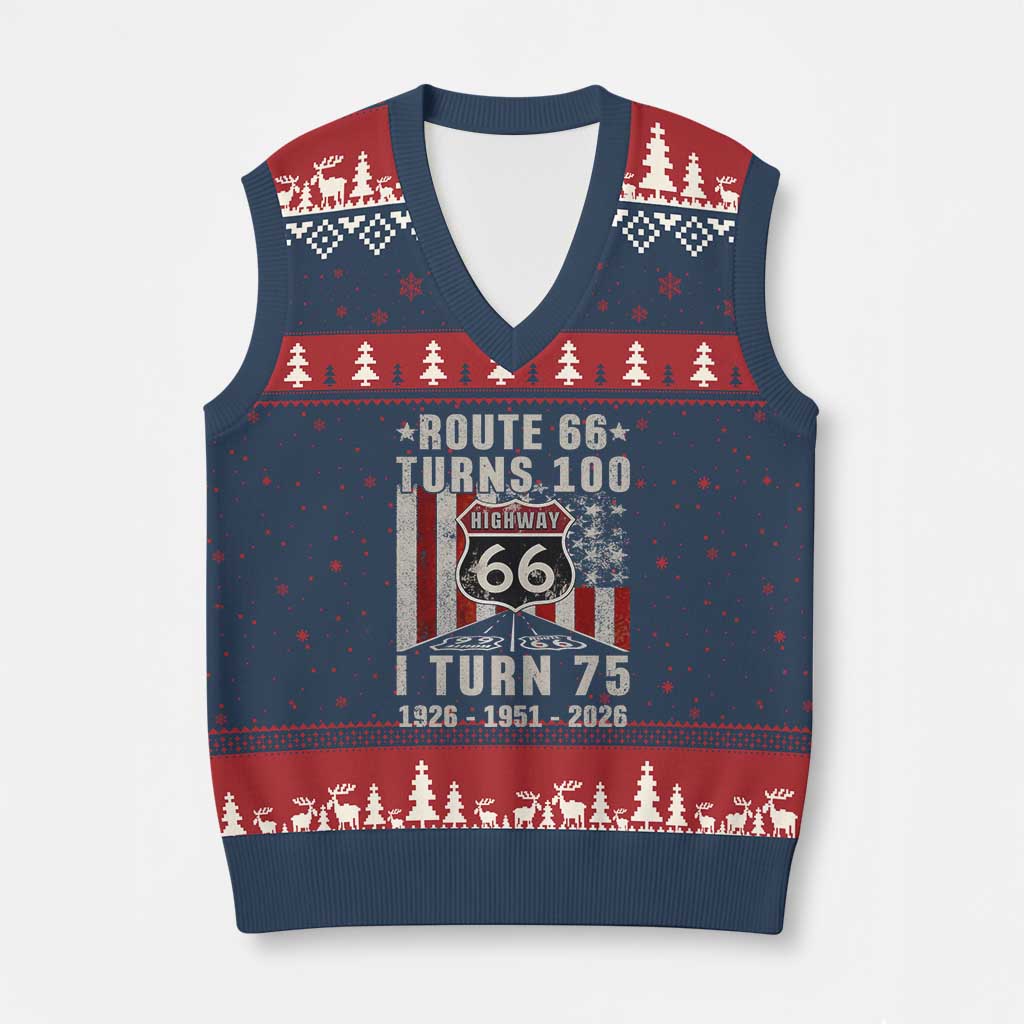 Route Highway 66 Turns 100 I Turn 75 V-Neck Knit Sweater Vest Vintage 1951 Born American Road Sign 75th Birthday Gift