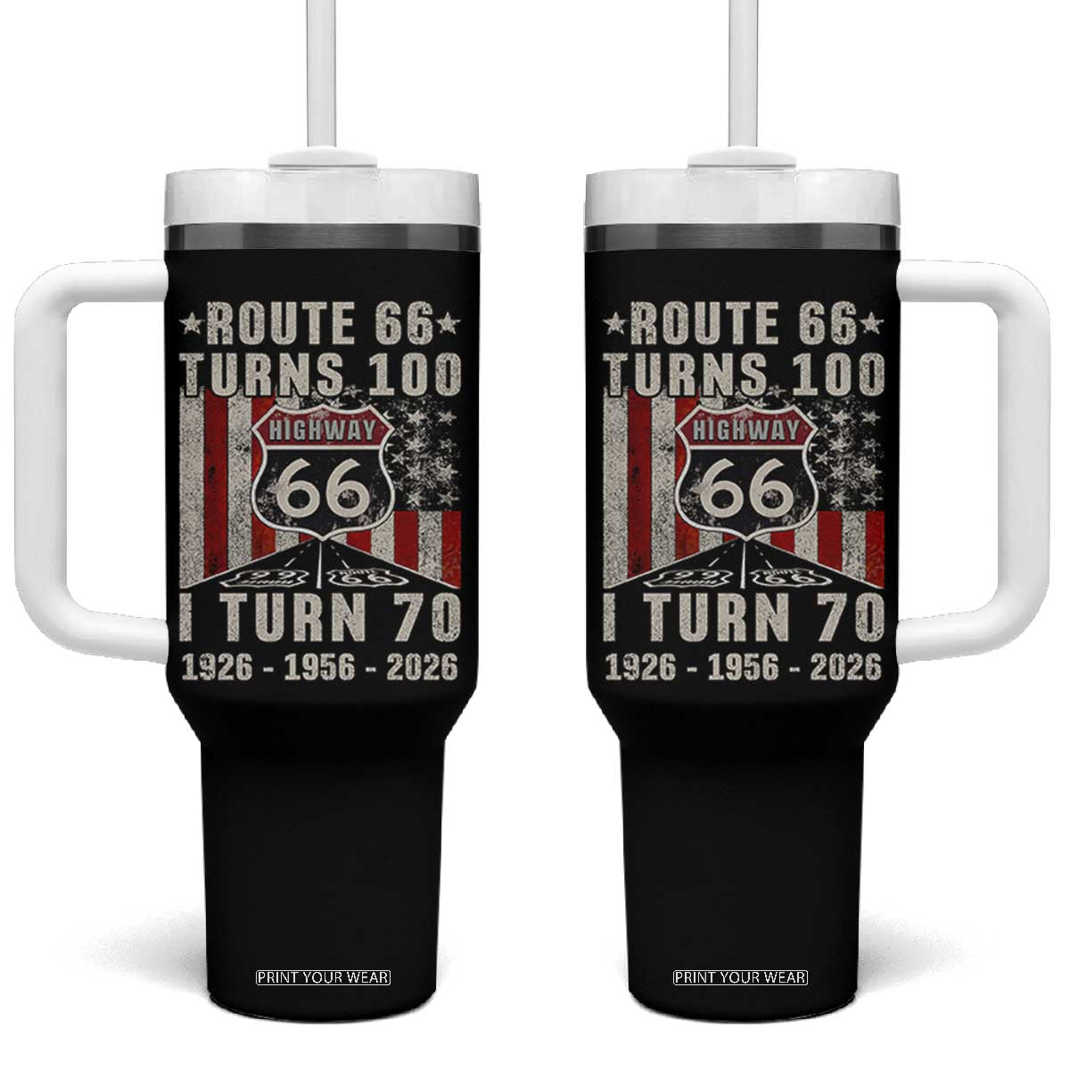 Route Highway 66 Turns 100 I Turn 70 Tumbler With Handle Vintage 1956 Born American Road Sign 70th Birthday Gift