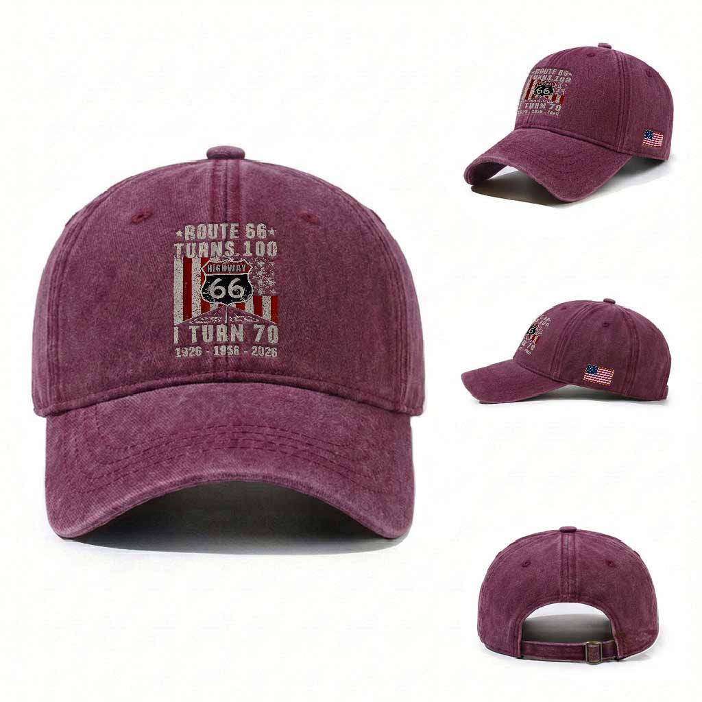 Route Highway 66 Turns 100 I Turn 70 Washed Cotton Baseball Cap Vintage 1956 Born American Road Sign 70th Birthday Gift