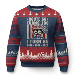 Route Highway 66 Turns 100 I Turn 65 Ugly Christmas Sweater Vintage 1961 Born American Road Sign 65th Birthday Gift