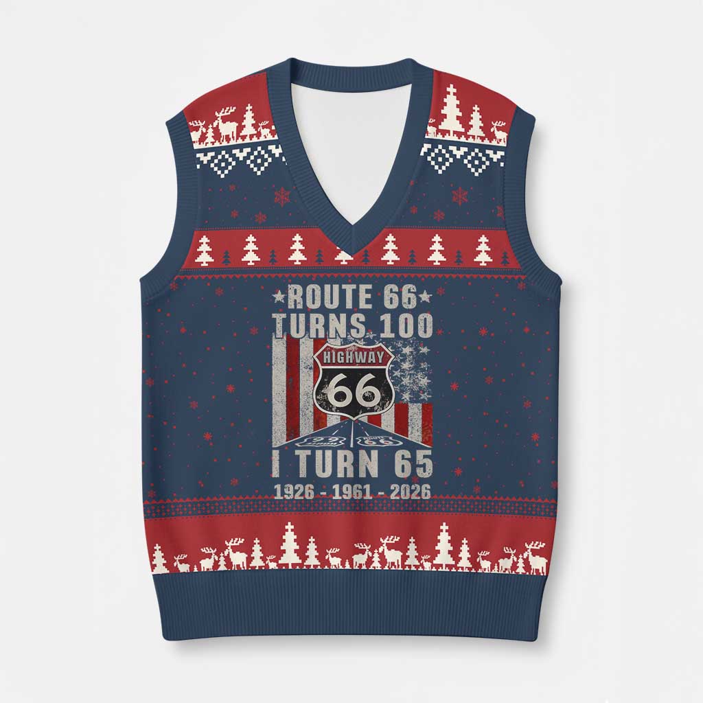 Route Highway 66 Turns 100 I Turn 65 V-Neck Knit Sweater Vest Vintage 1961 Born American Road Sign 65th Birthday Gift