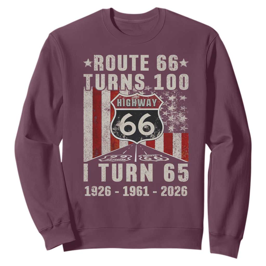 Route Highway 66 Turns 100 I Turn 65 Sweatshirt Vintage 1961 Born American Road Sign 65th Birthday Gift