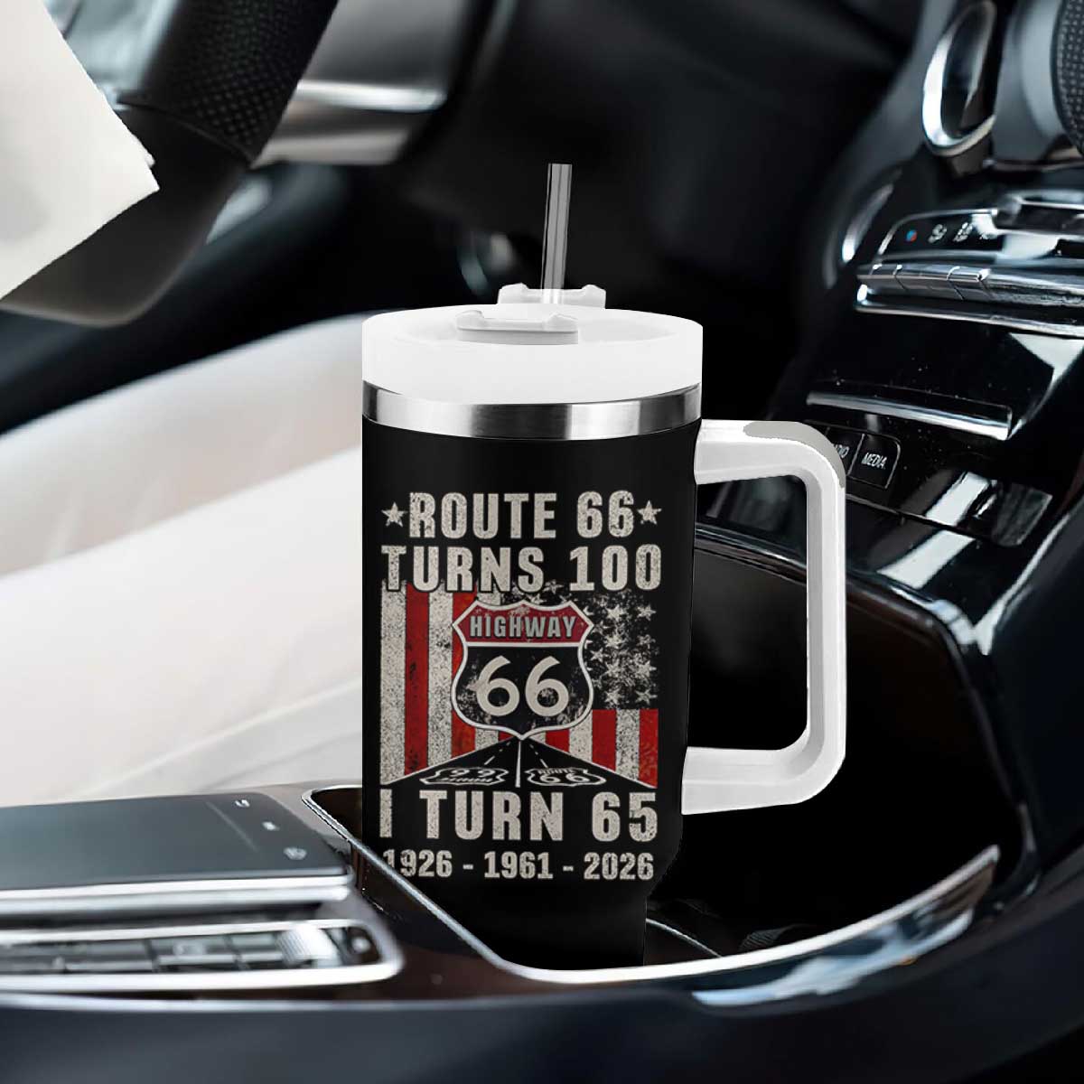 Route Highway 66 Turns 100 I Turn 65 Tumbler With Handle Vintage 1961 Born American Road Sign 65th Birthday Gift
