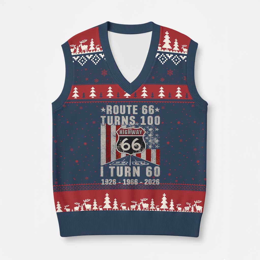 Route Highway 66 Turns 100 I Turn 60 V-Neck Knit Sweater Vest Vintage 1966 Born American Road Sign 60th Birthday Gift TS14 Navy Red Print Your Wear