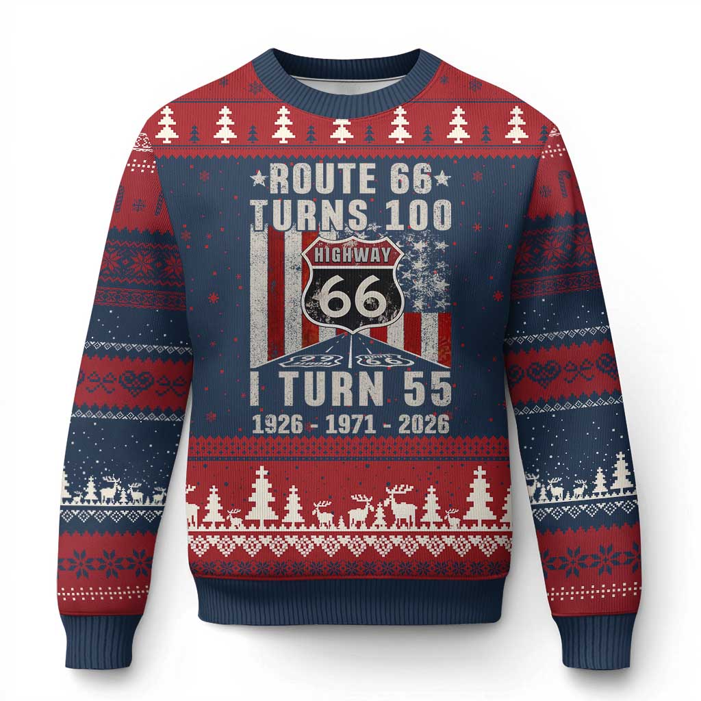 Route Highway 66 Turns 100 I Turn 55 Ugly Christmas Sweater Vintage 1971 Born American Road Sign 55th Birthday Gift TS14 Navy Red Print Your Wear