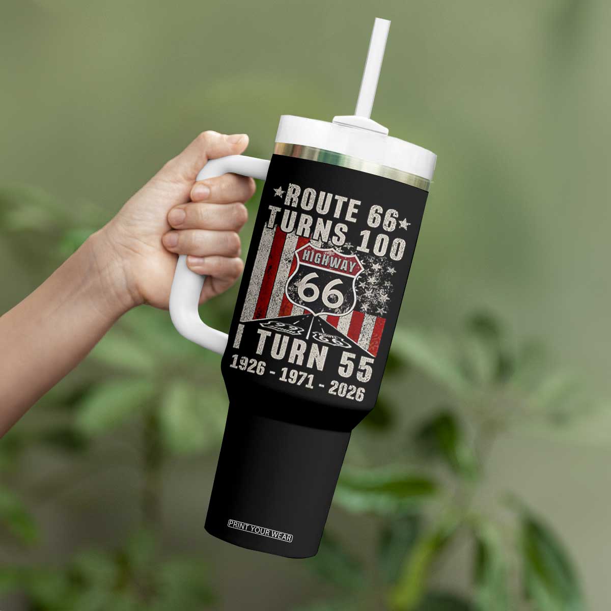 Route Highway 66 Turns 100 I Turn 55 Tumbler With Handle Vintage 1971 Born American Road Sign 55th Birthday Gift