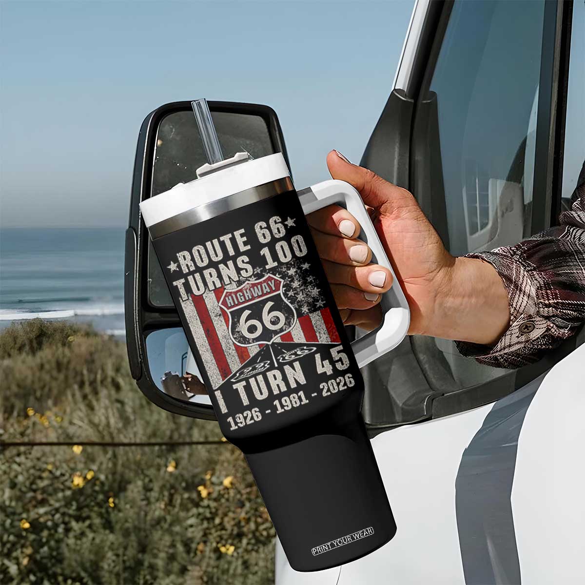 Route Highway 66 Turns 100 I Turn 45 Tumbler With Handle Vintage 1981 Born American Road Sign 45th Birthday Gift