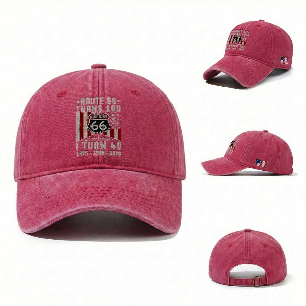 Route Highway 66 Turns 100 I Turn 40 Washed Cotton Baseball Cap Vintage 1986 Born American Road Sign 40th Birthday Gift