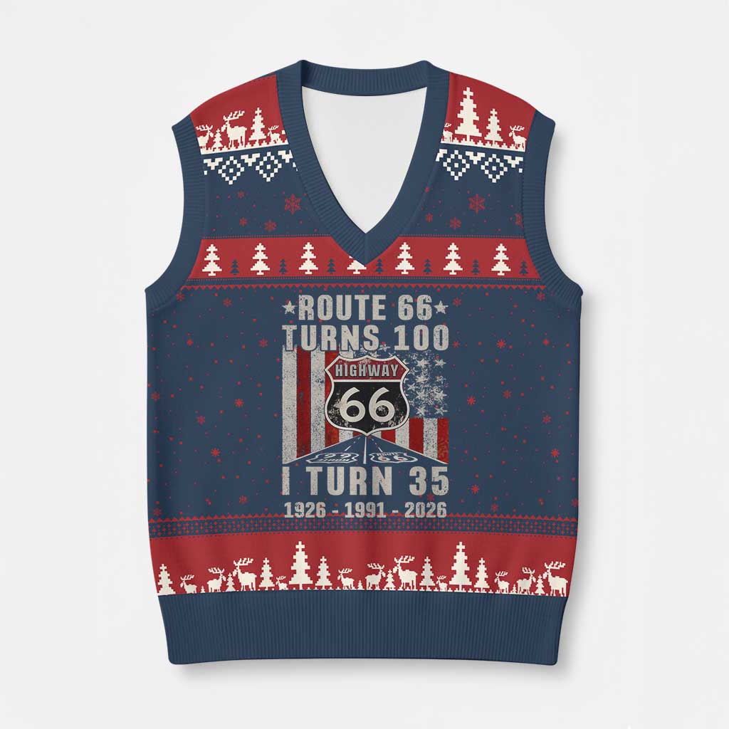 Route Highway 66 Turns 100 I Turn 35 V-Neck Knit Sweater Vest Vintage 1991 Born American Road Sign 35th Birthday Gift