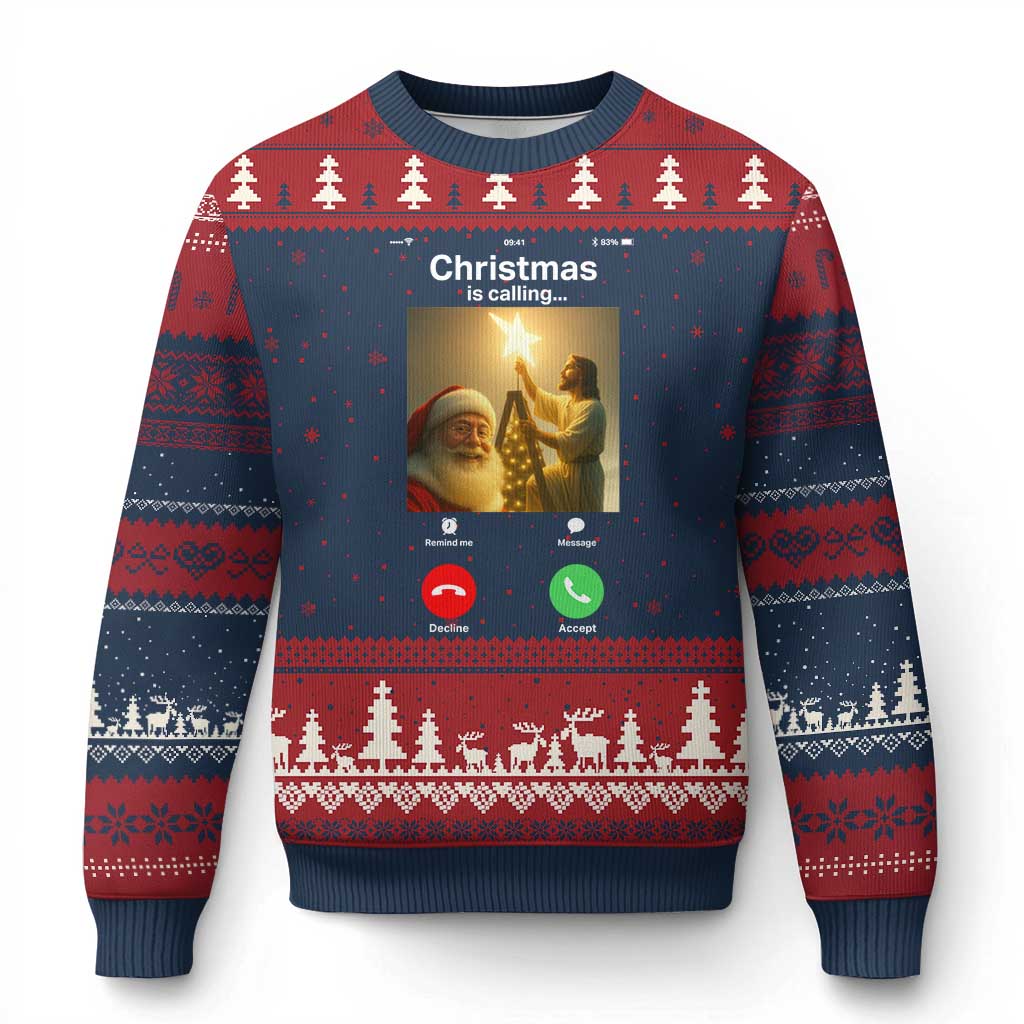 Funny Santa Jesus Video Call Ugly Christmas Sweater TS14 Navy Red Print Your Wear