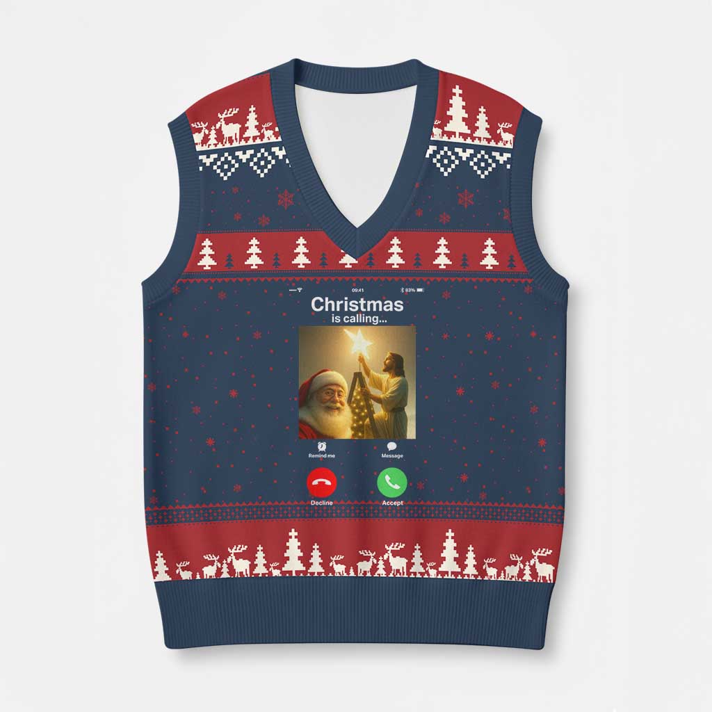 Funny Santa Jesus Video Call V-Neck Knit Sweater Vest TS14 Navy Red Print Your Wear