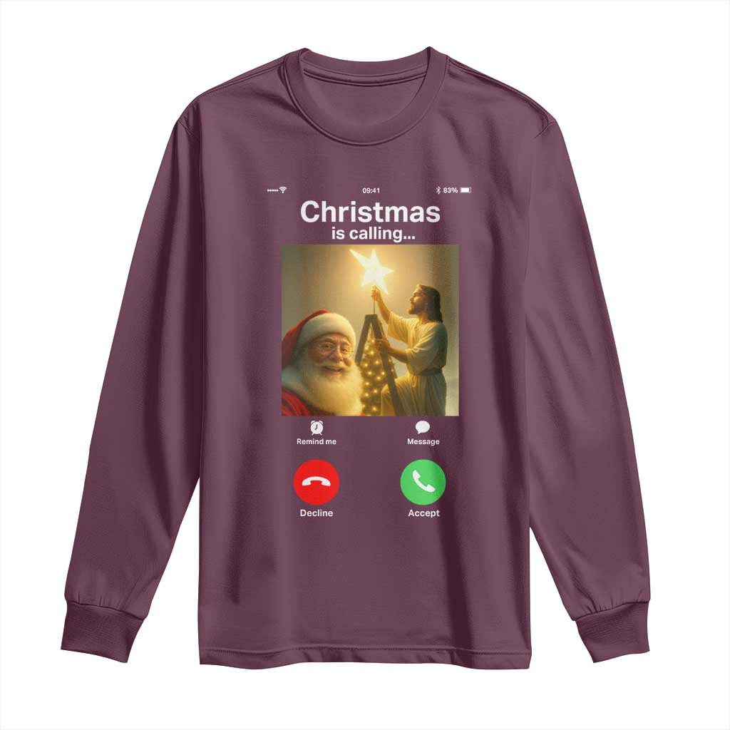 Funny Santa Jesus Video Call Long Sleeve Shirt TS14 Maroon Print Your Wear