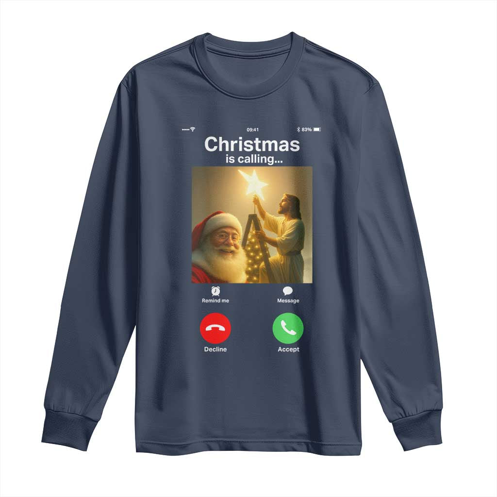 Funny Santa Jesus Video Call Long Sleeve Shirt TS14 Navy Print Your Wear