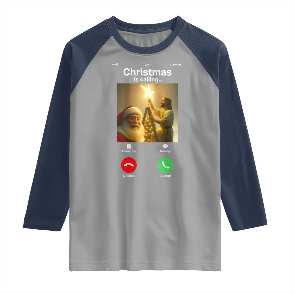 Funny Santa Jesus Video Call Raglan Shirt TS14 Sport Gray Navy Print Your Wear