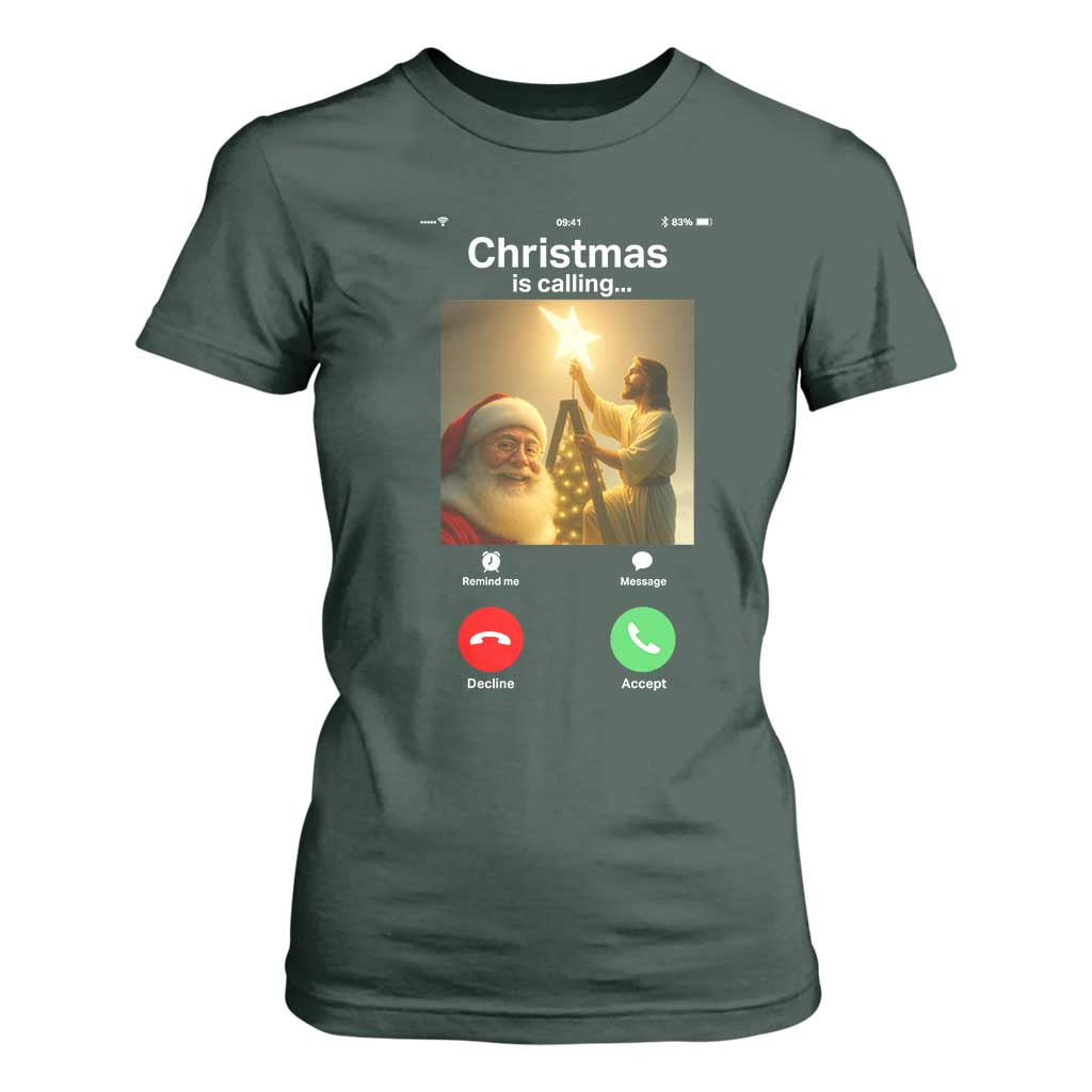 Funny Santa Jesus Video Call T Shirt For Women TS14 Dark Forest Green Print Your Wear