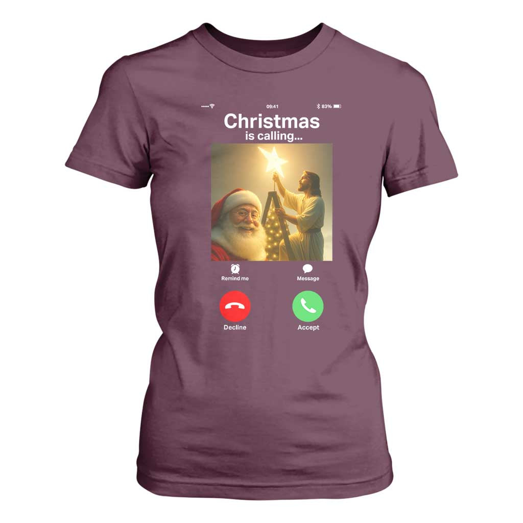Funny Santa Jesus Video Call T Shirt For Women TS14 Maroon Print Your Wear