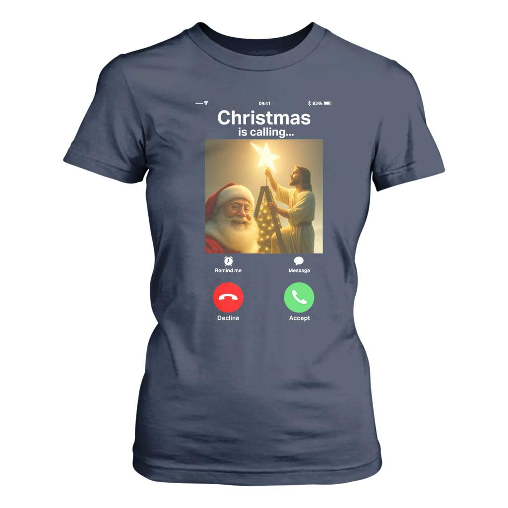 Funny Santa Jesus Video Call T Shirt For Women TS14 Navy Print Your Wear
