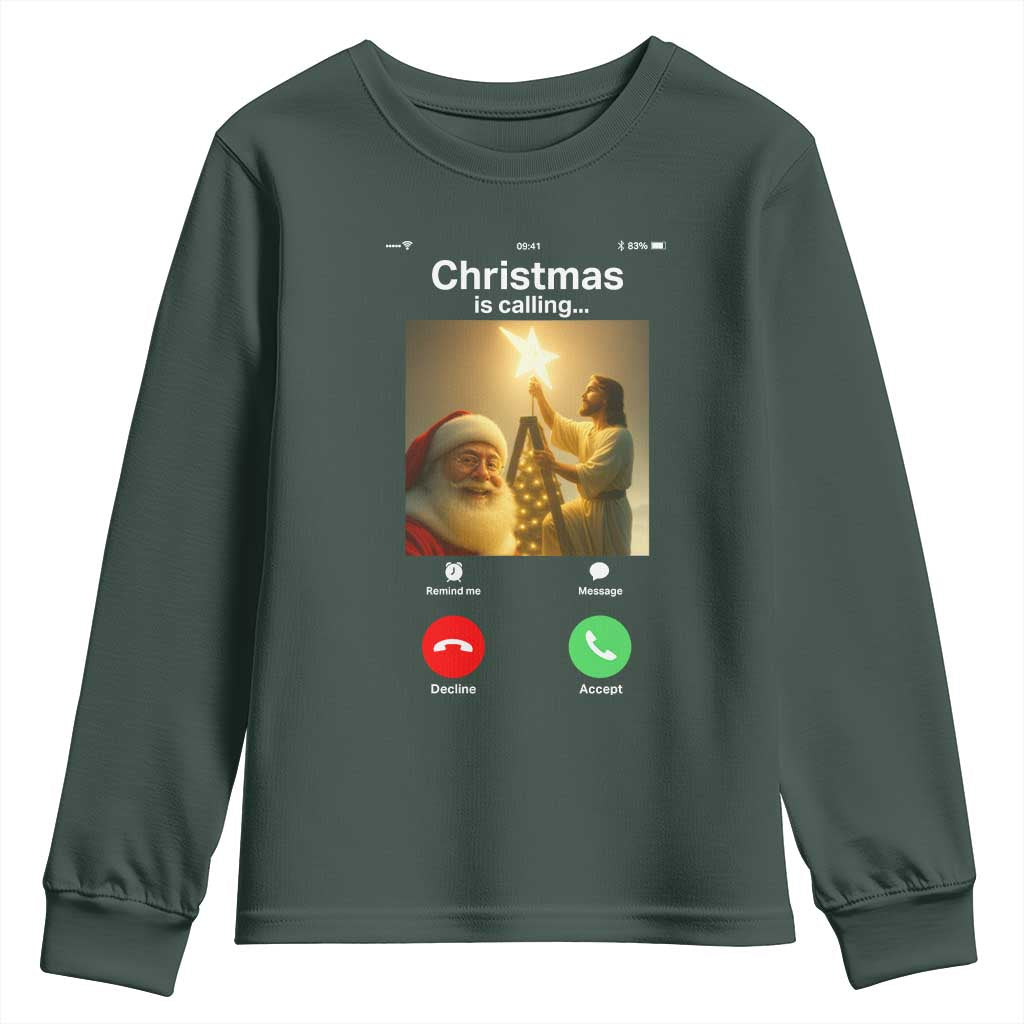 Funny Santa Jesus Video Call Youth Sweatshirt TS14 Dark Forest Green Print Your Wear