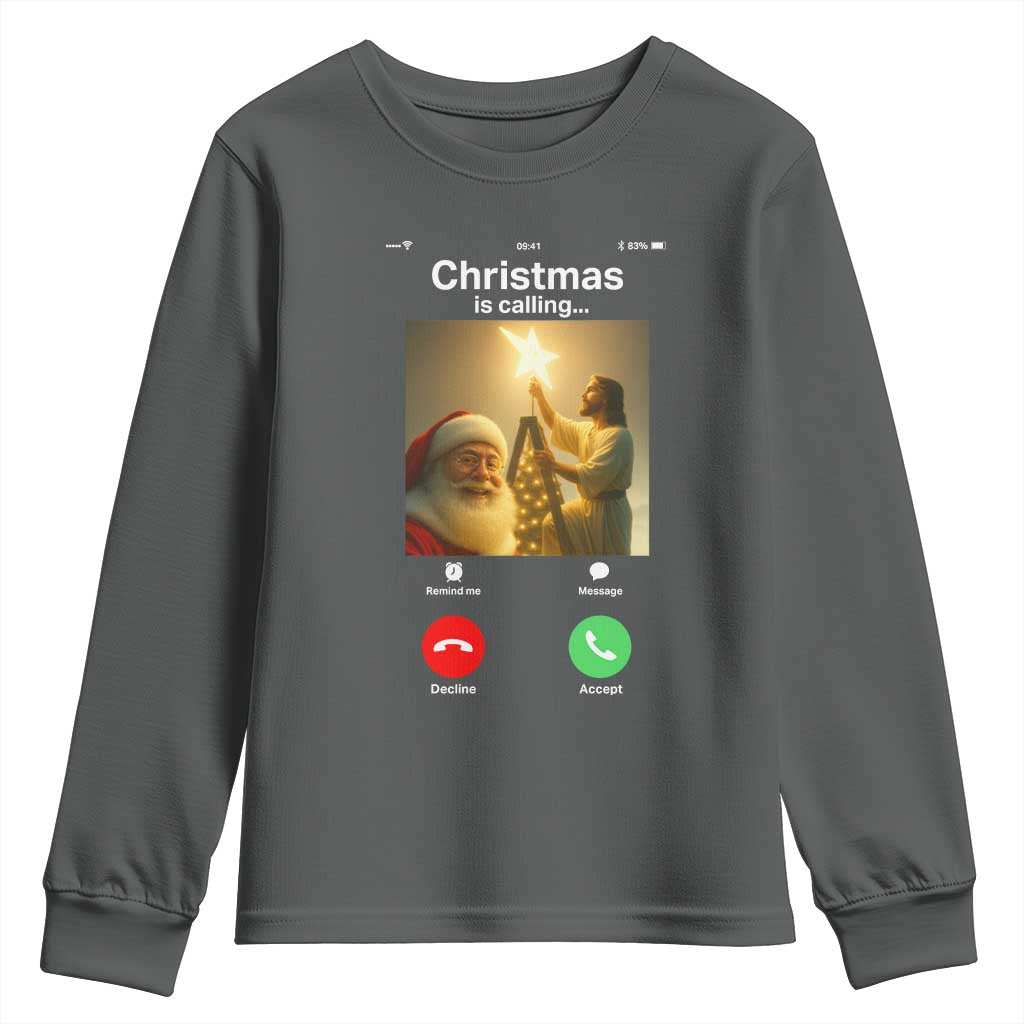 Funny Santa Jesus Video Call Youth Sweatshirt TS14 Dark Heather Print Your Wear