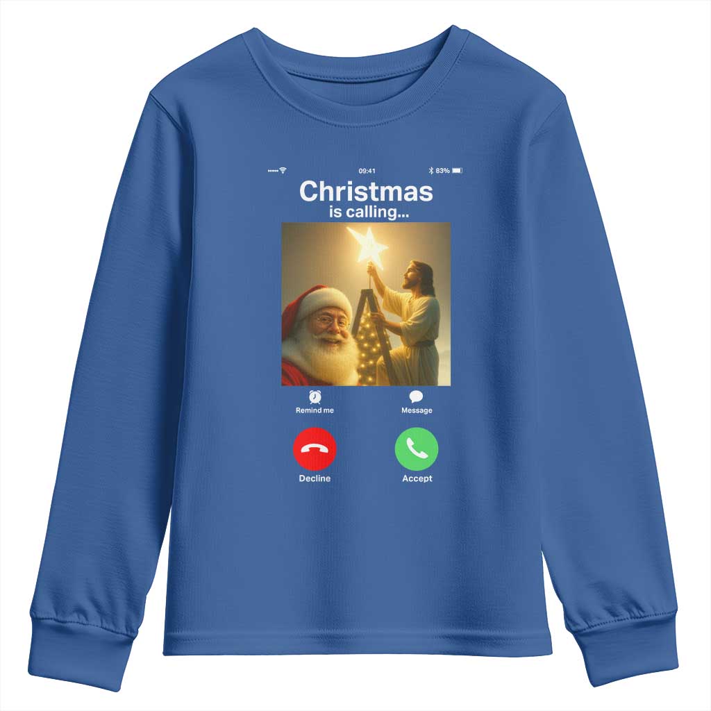 Funny Santa Jesus Video Call Youth Sweatshirt TS14 Royal Blue Print Your Wear