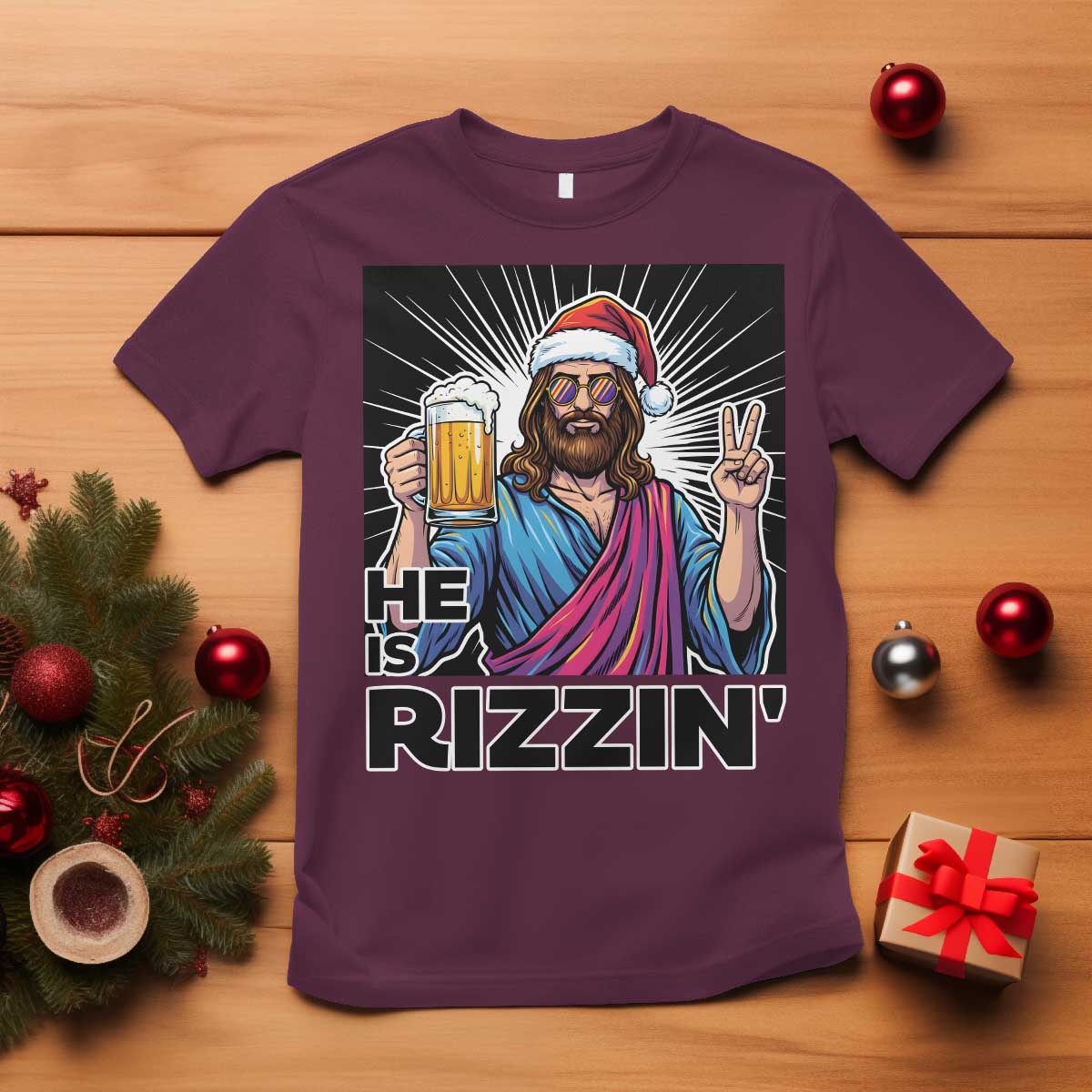 Jesus Christmas T Shirt Funny Drinking Beer Xmas Holiday TS14 Maroon Print Your Wear