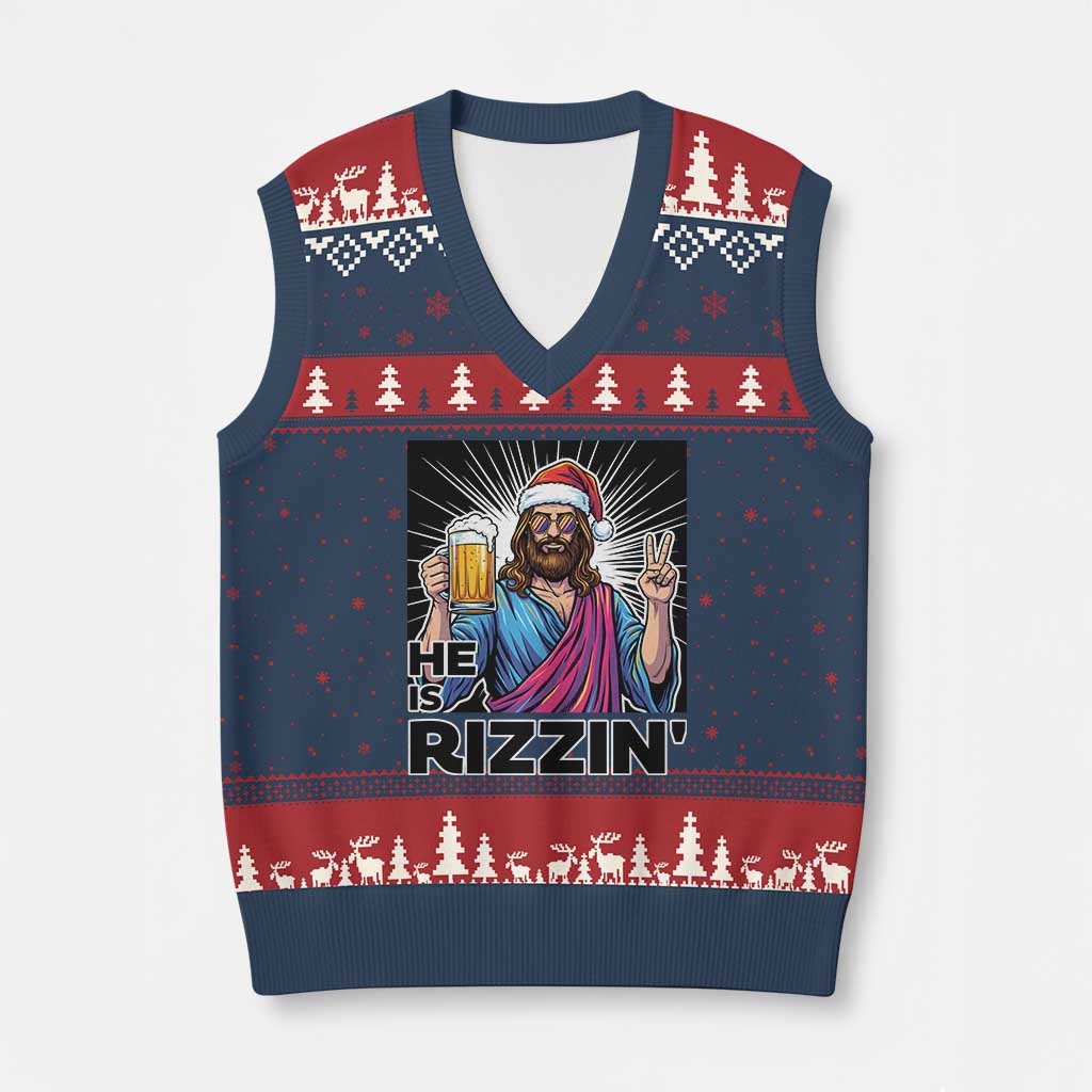 Jesus Xmas V-Neck Knit Sweater Vest Funny Drinking Beer Xmas Holiday TS14 Navy Red Print Your Wear