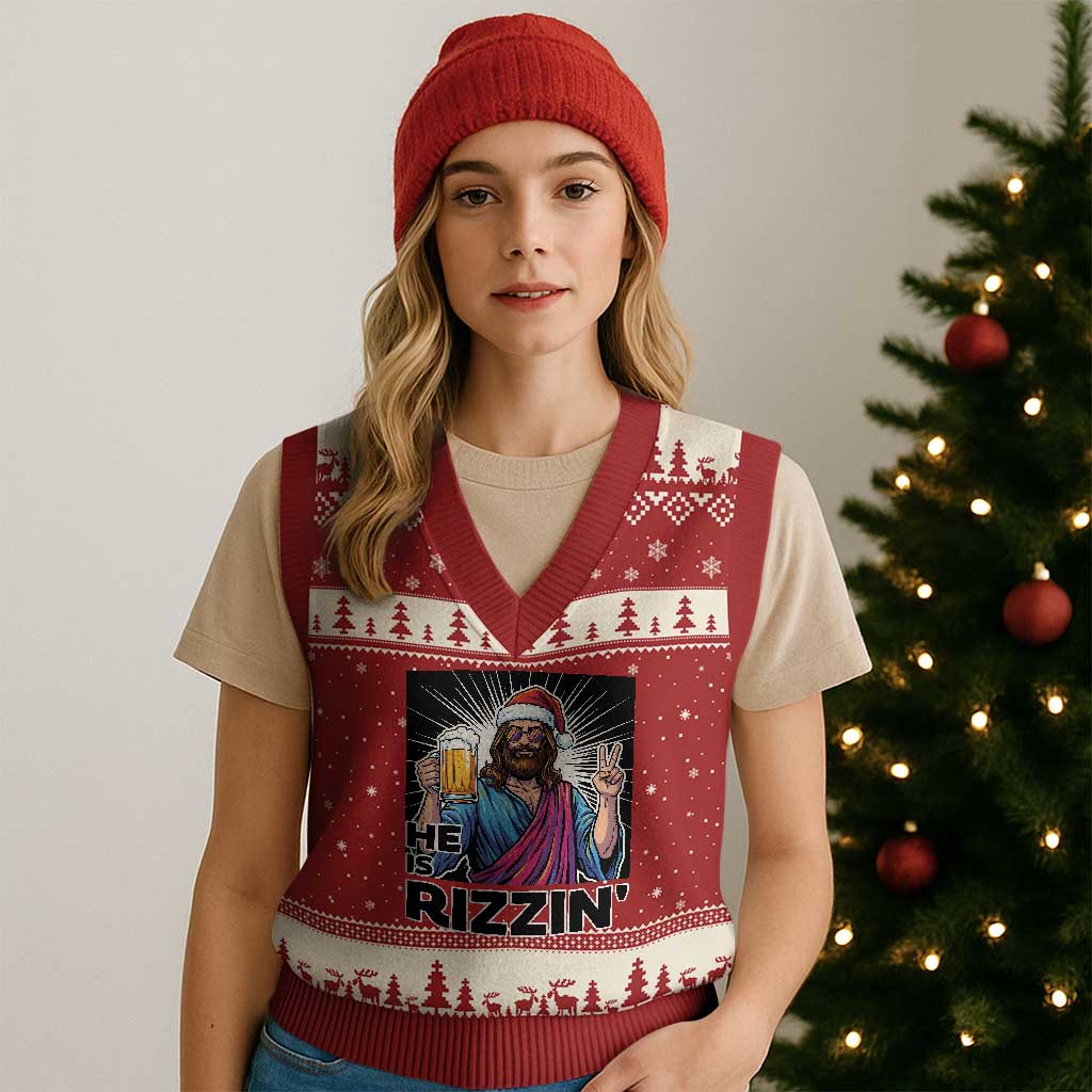 Jesus Xmas V-Neck Knit Sweater Vest Funny Drinking Beer Xmas Holiday TS14 Red Beige Print Your Wear