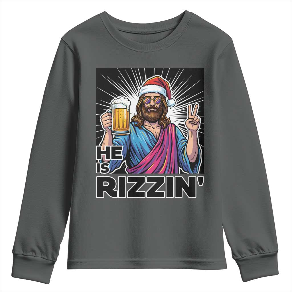 Jesus Christmas Youth Sweatshirt Funny Drinking Beer Xmas Holiday TS14 Dark Heather Print Your Wear