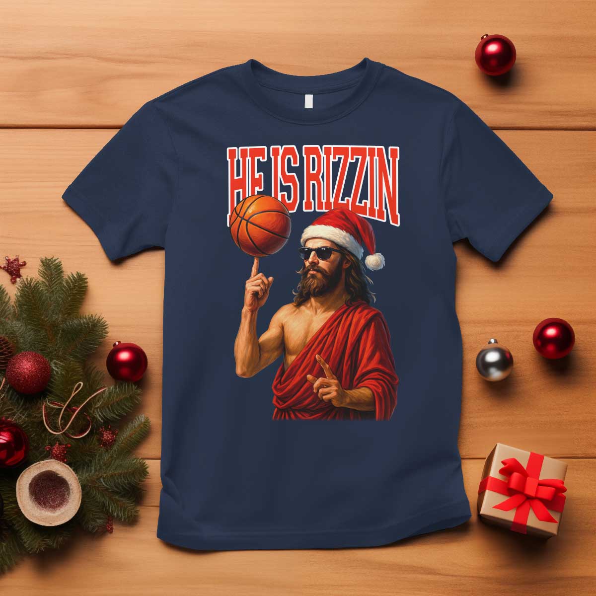 Jesus Basketball Christmas T Shirt He Is Rizzin TS14 Navy Print Your Wear