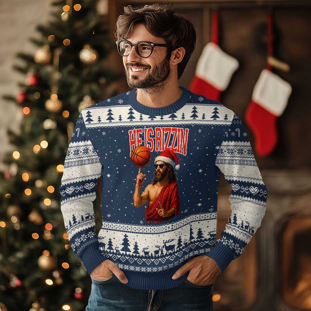 Jesus Basketball Xmas Ugly Christmas Sweater He Is Rizzin TS14 Navy Beige Print Your Wear