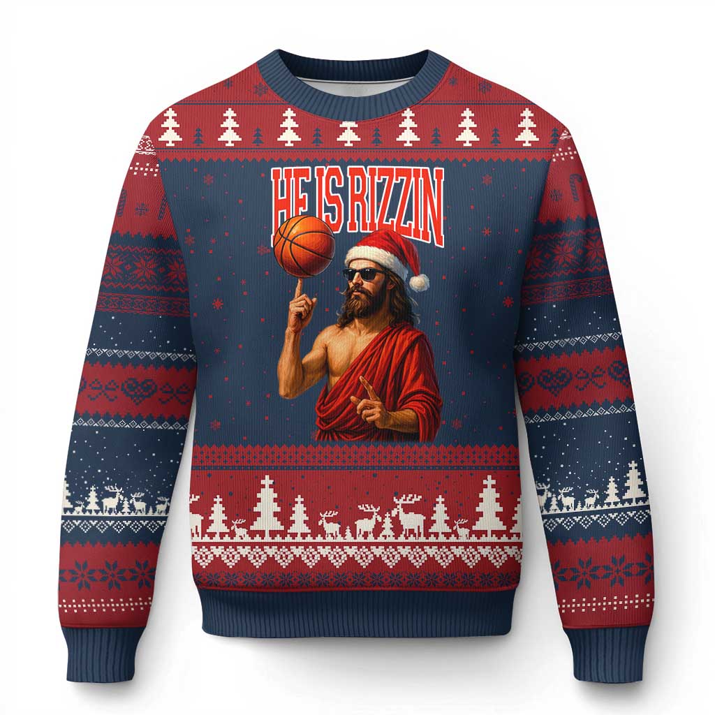 Jesus Basketball Xmas Ugly Christmas Sweater He Is Rizzin TS14 Navy Red Print Your Wear