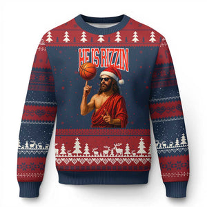 Jesus Basketball Xmas Ugly Christmas Sweater He Is Rizzin TS14 Navy Red Print Your Wear