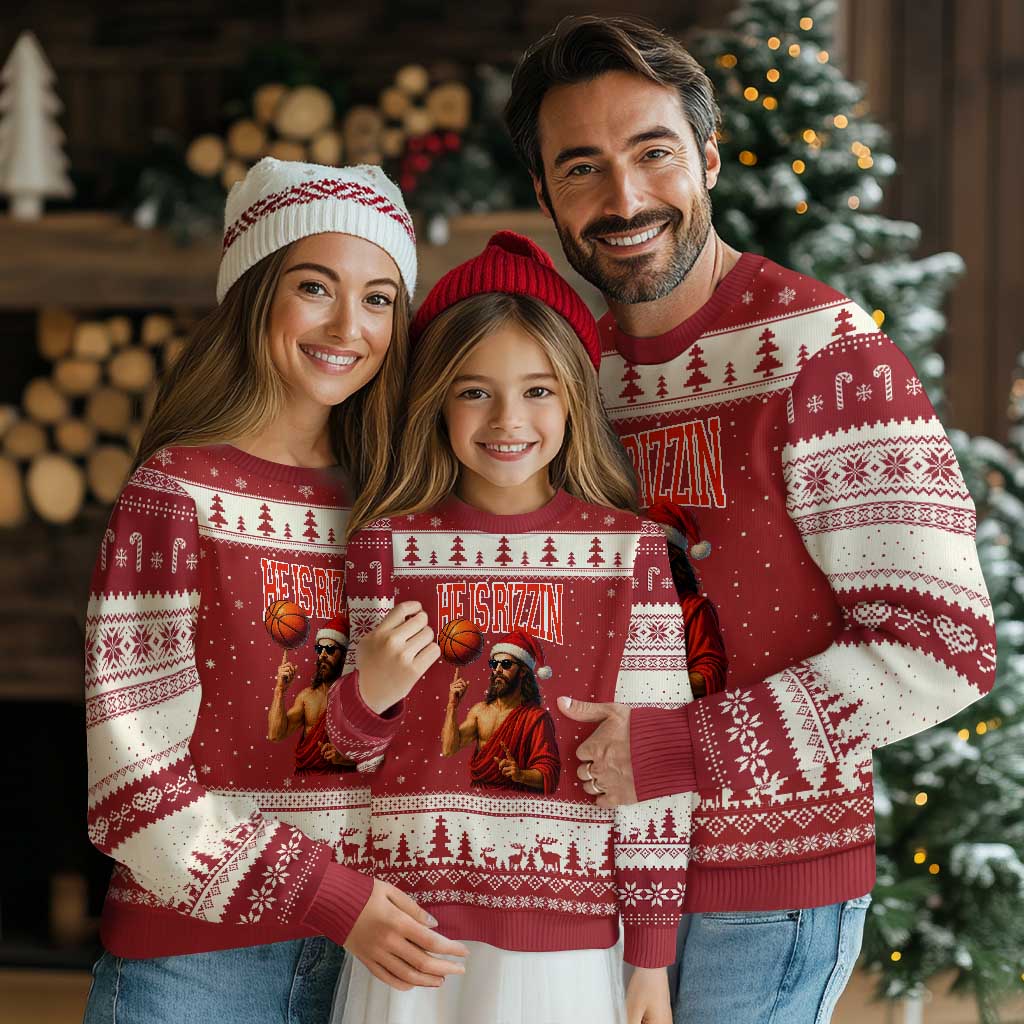 Jesus Basketball Xmas Ugly Christmas Sweater He Is Rizzin TS14 Red Beige Print Your Wear