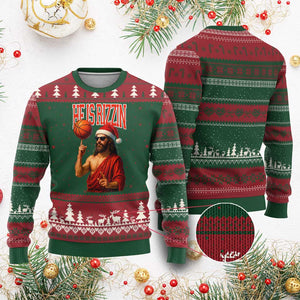 Jesus Basketball Xmas Ugly Christmas Sweater He Is Rizzin TS14 Red Green Print Your Wear