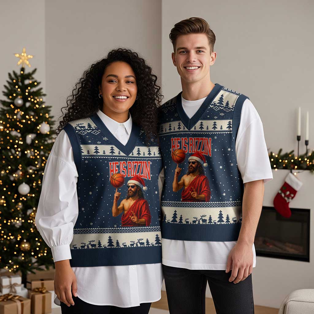 Jesus Basketball Xmas V-Neck Knit Sweater Vest He Is Rizzin TS14 Navy Beige Print Your Wear