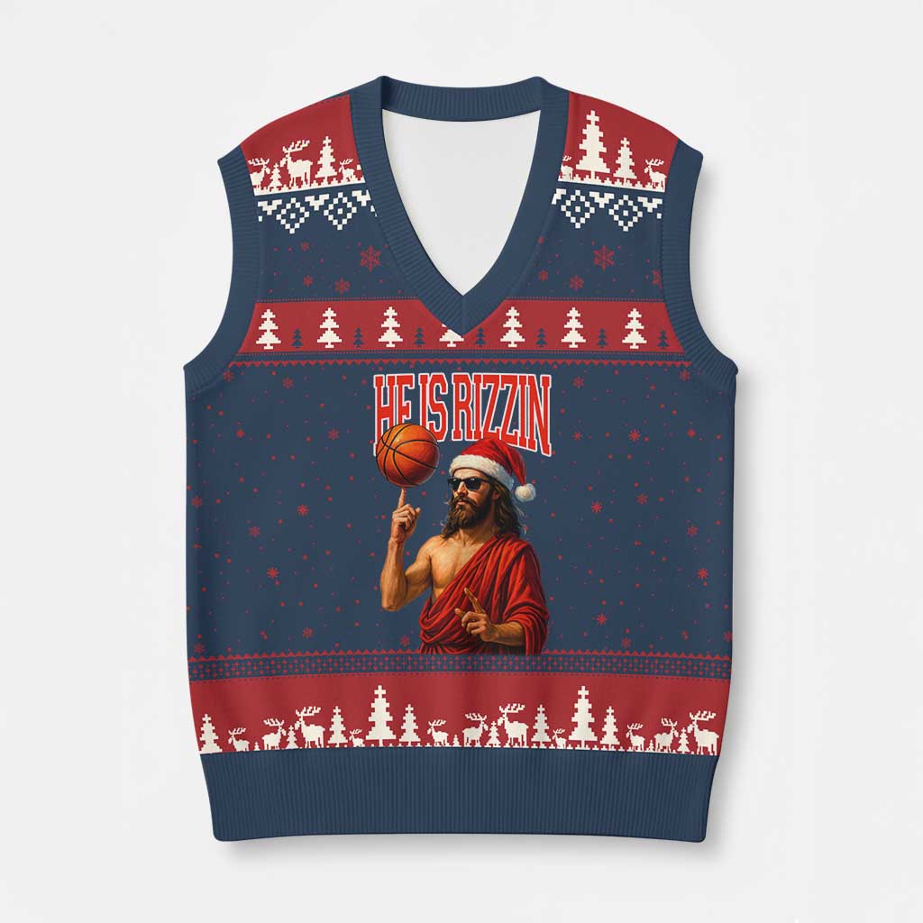 Jesus Basketball Xmas V-Neck Knit Sweater Vest He Is Rizzin TS14 Navy Red Print Your Wear