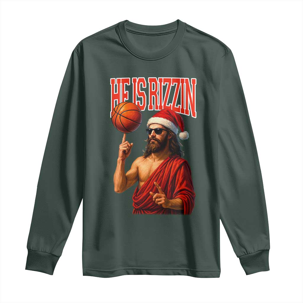 Jesus Basketball Christmas Long Sleeve Shirt He Is Rizzin TS14 Dark Forest Green Print Your Wear