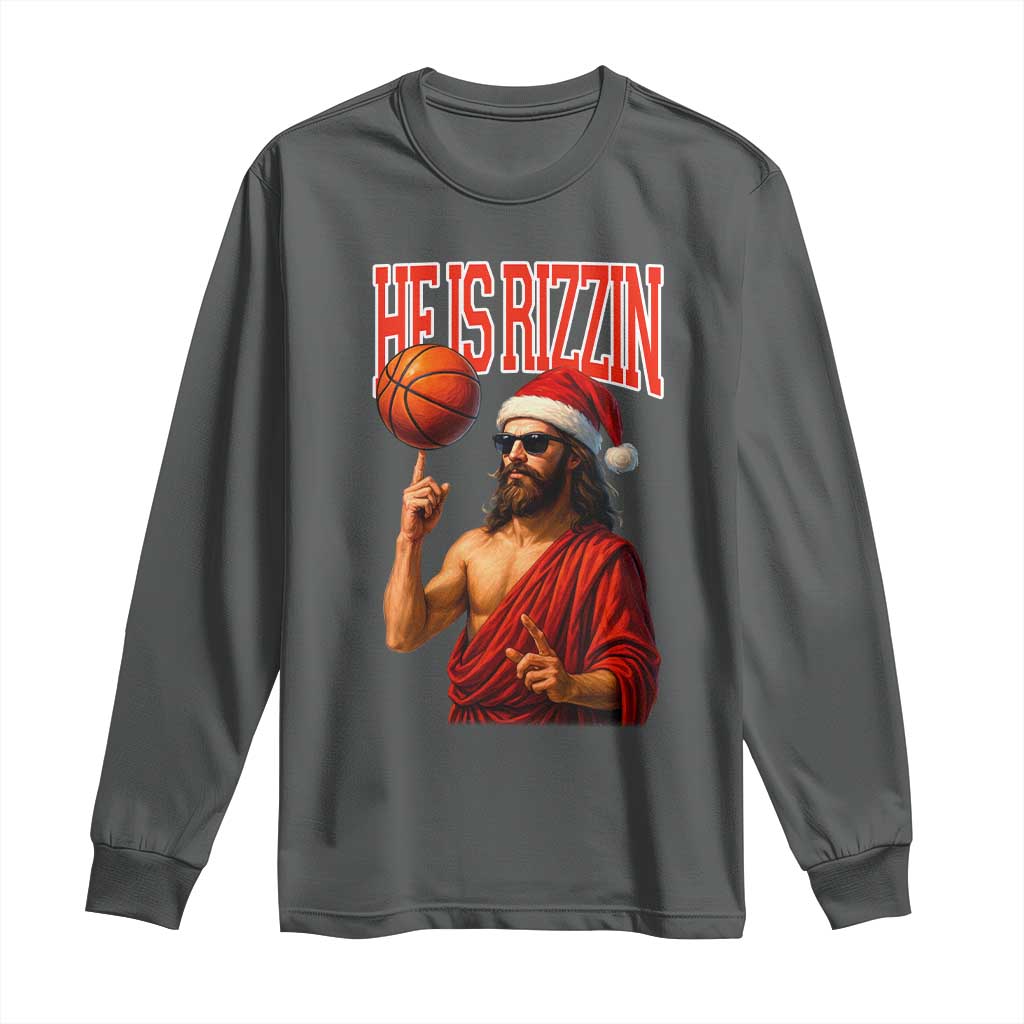 Jesus Basketball Christmas Long Sleeve Shirt He Is Rizzin TS14 Dark Heather Print Your Wear