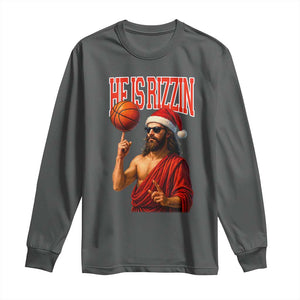 Jesus Basketball Christmas Long Sleeve Shirt He Is Rizzin TS14 Dark Heather Print Your Wear