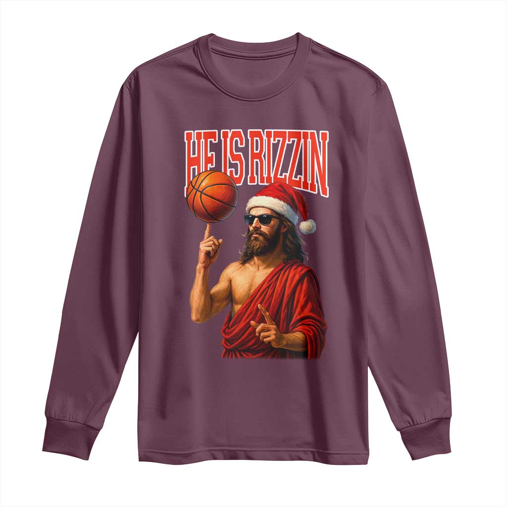 Jesus Basketball Christmas Long Sleeve Shirt He Is Rizzin TS14 Maroon Print Your Wear