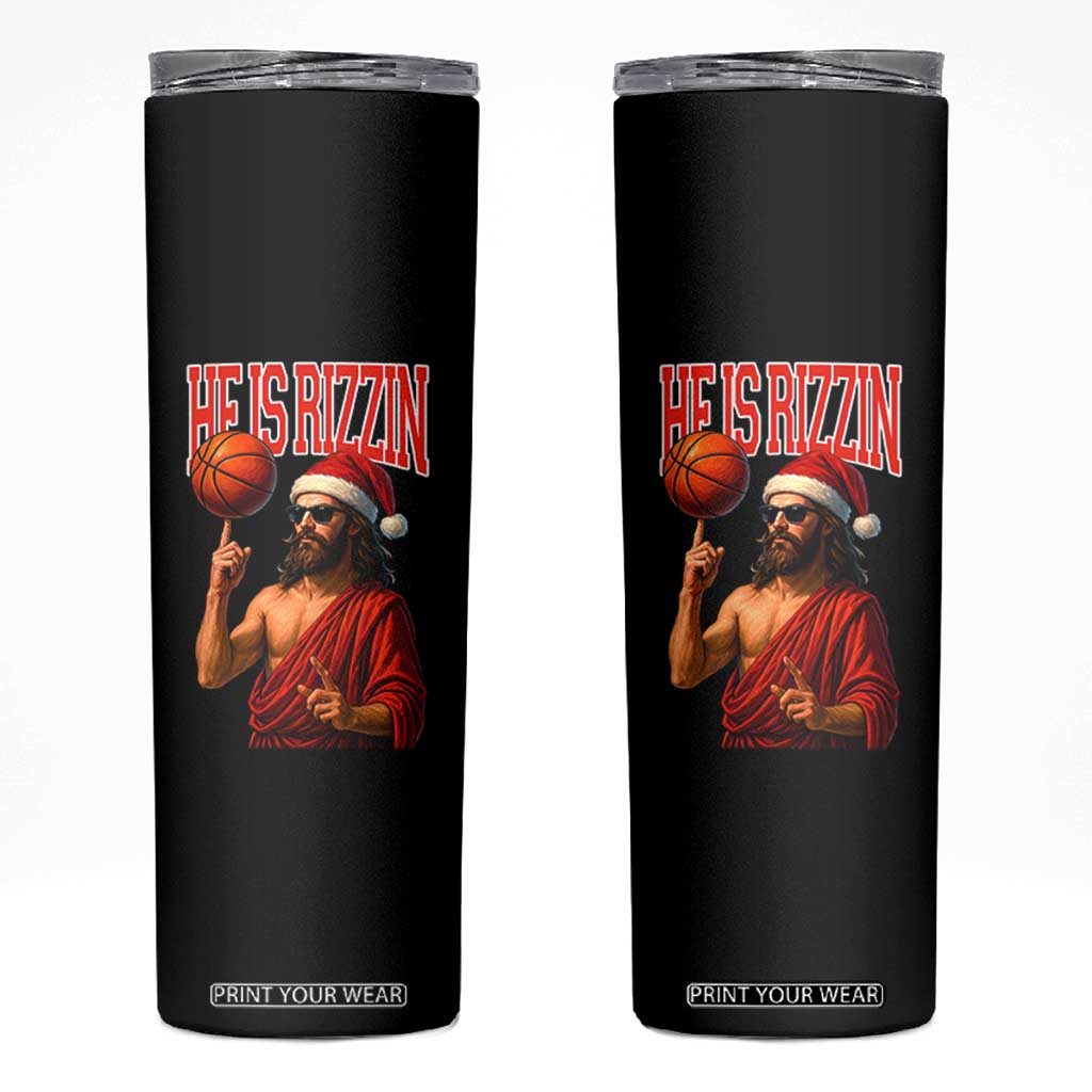 Jesus Basketball Christmas Skinny Tumbler He Is Rizzin TS14 Black Print Your Wear