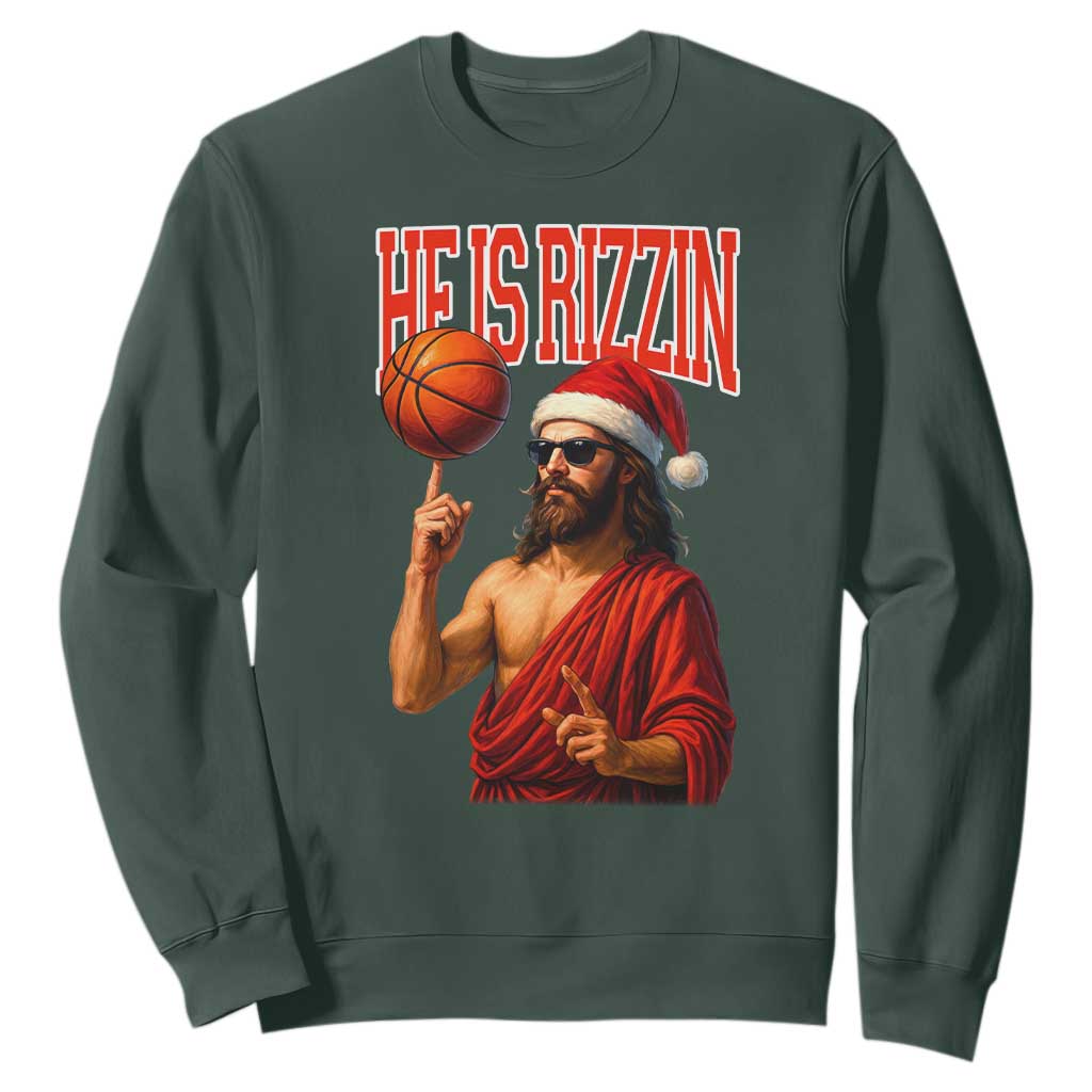 Jesus Basketball Christmas Sweatshirt He Is Rizzin TS14 Dark Forest Green Print Your Wear