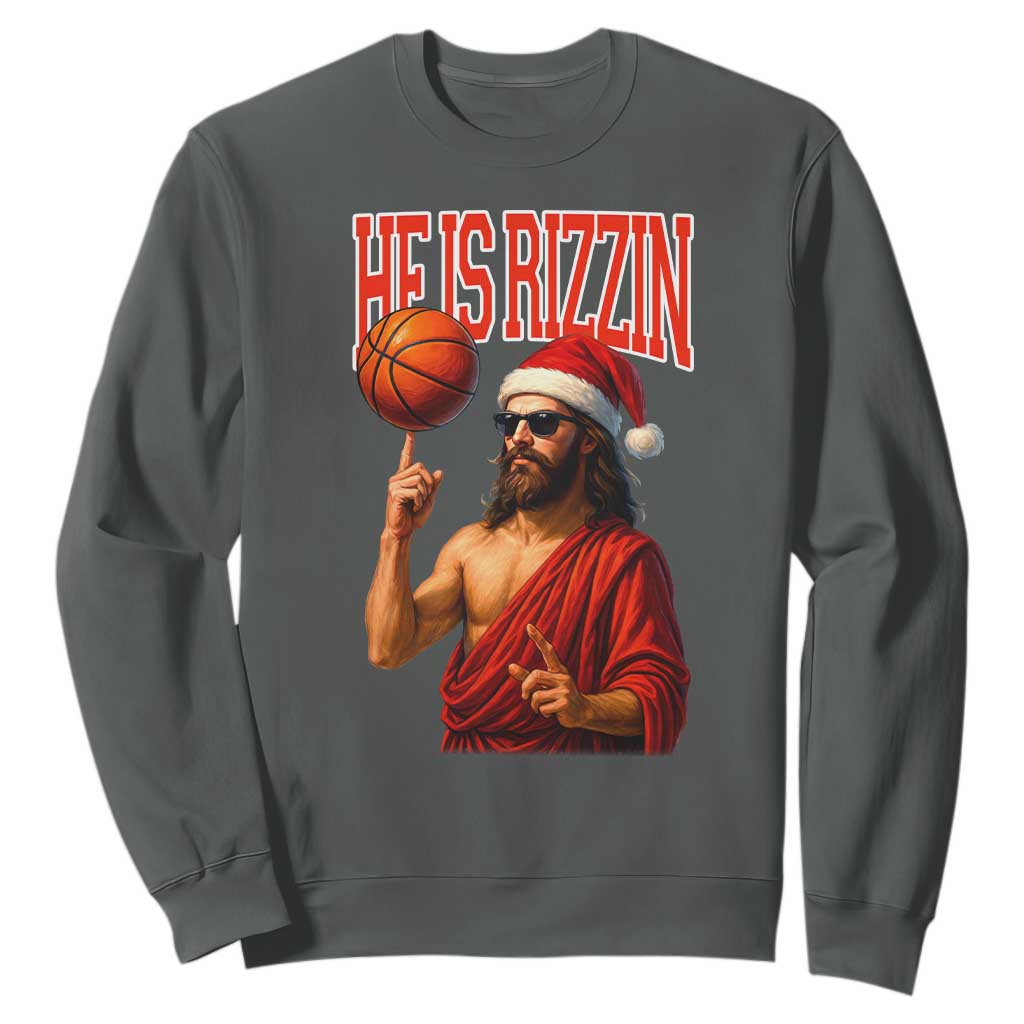 Jesus Basketball Christmas Sweatshirt He Is Rizzin TS14 Dark Heather Print Your Wear