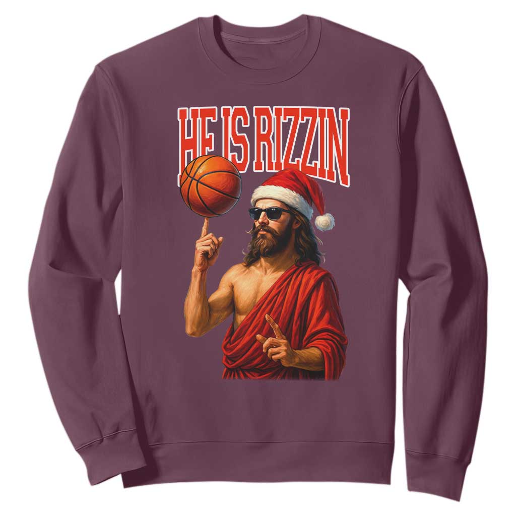 Jesus Basketball Christmas Sweatshirt He Is Rizzin TS14 Maroon Print Your Wear