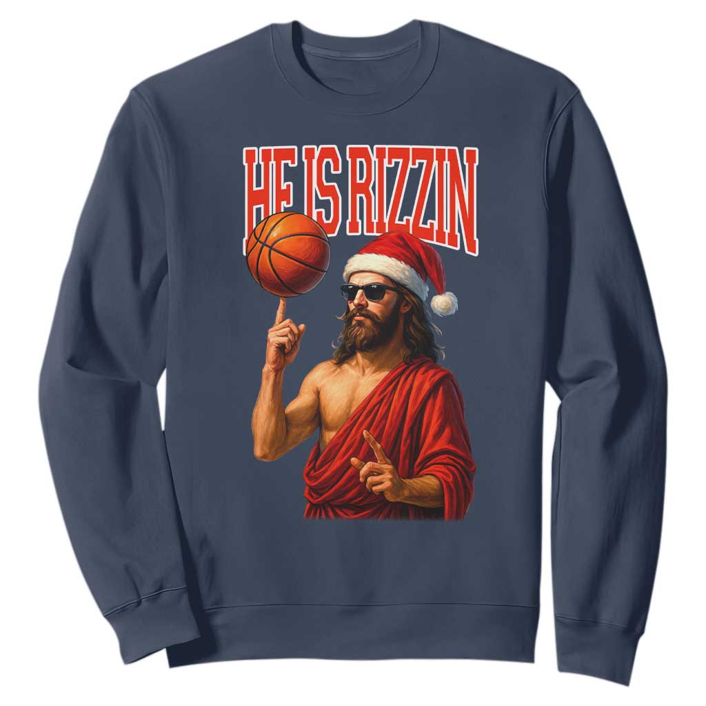 Jesus Basketball Christmas Sweatshirt He Is Rizzin TS14 Navy Print Your Wear