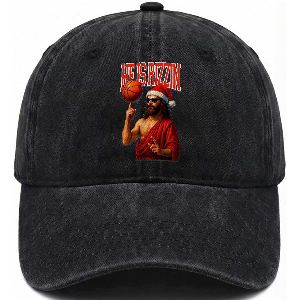 Jesus Basketball Christmas Washed Cotton Baseball Cap He Is Rizzin TS14 Washed Cap Universal Fit Black Print Your Wear