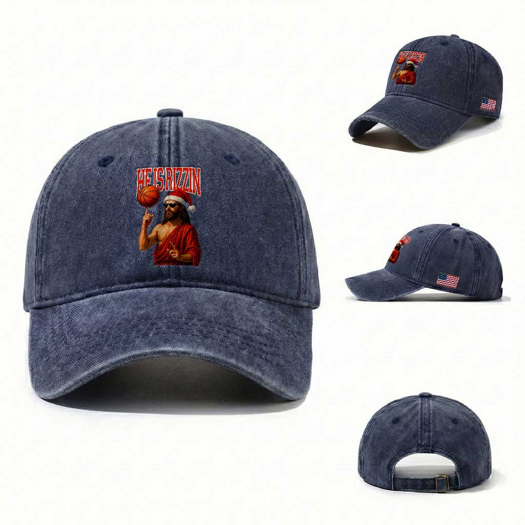 Jesus Basketball Christmas Washed Cotton Baseball Cap He Is Rizzin TS14 Washed Cap Universal Fit Navy Print Your Wear